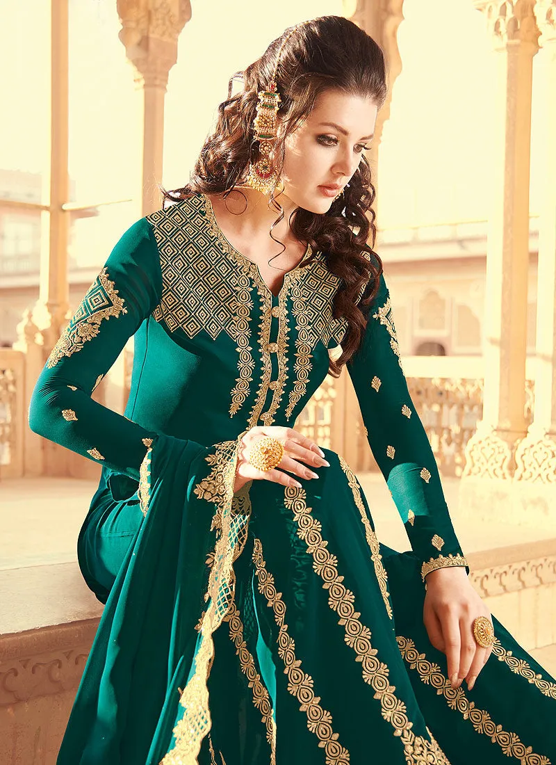 Green Golden Embroidered Palazzo Suit