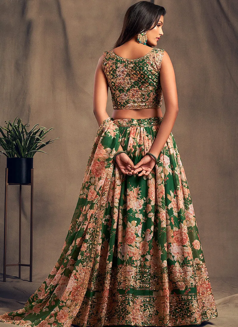 Green Golden Floral Printed Lehenga Choli