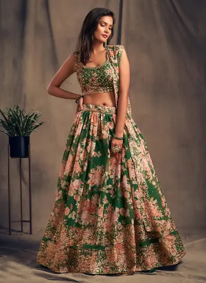 Green Golden Floral Printed Lehenga Choli