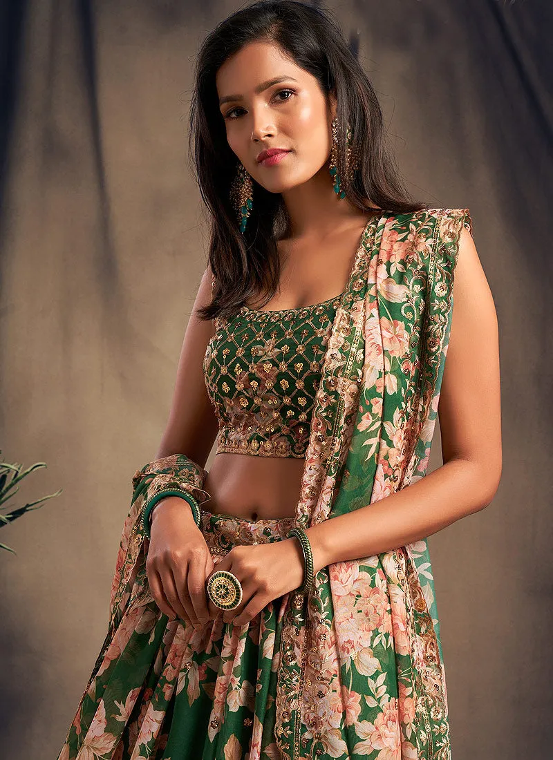 Green Golden Floral Printed Lehenga Choli