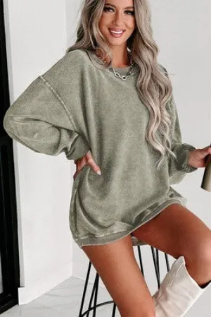 Green Gray Solid Ribbed Knit Round Neck Pullover Sweatshirt