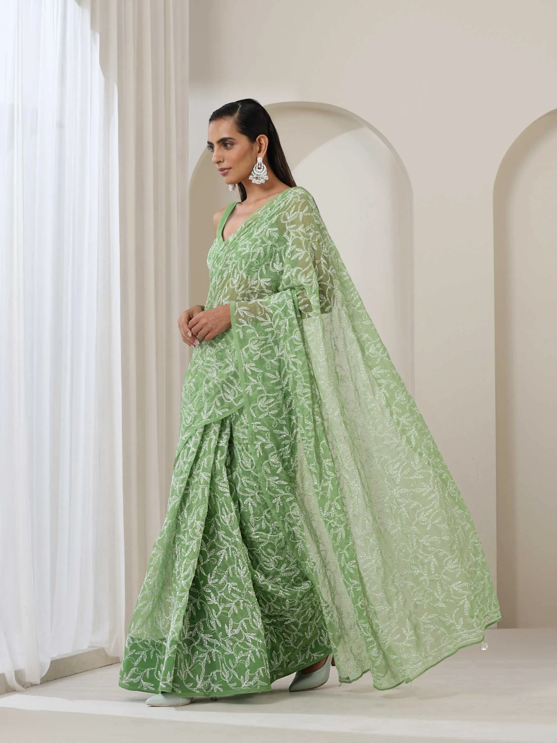 Green Hand Chikankari Tepchi Saree with Blouse Fabric