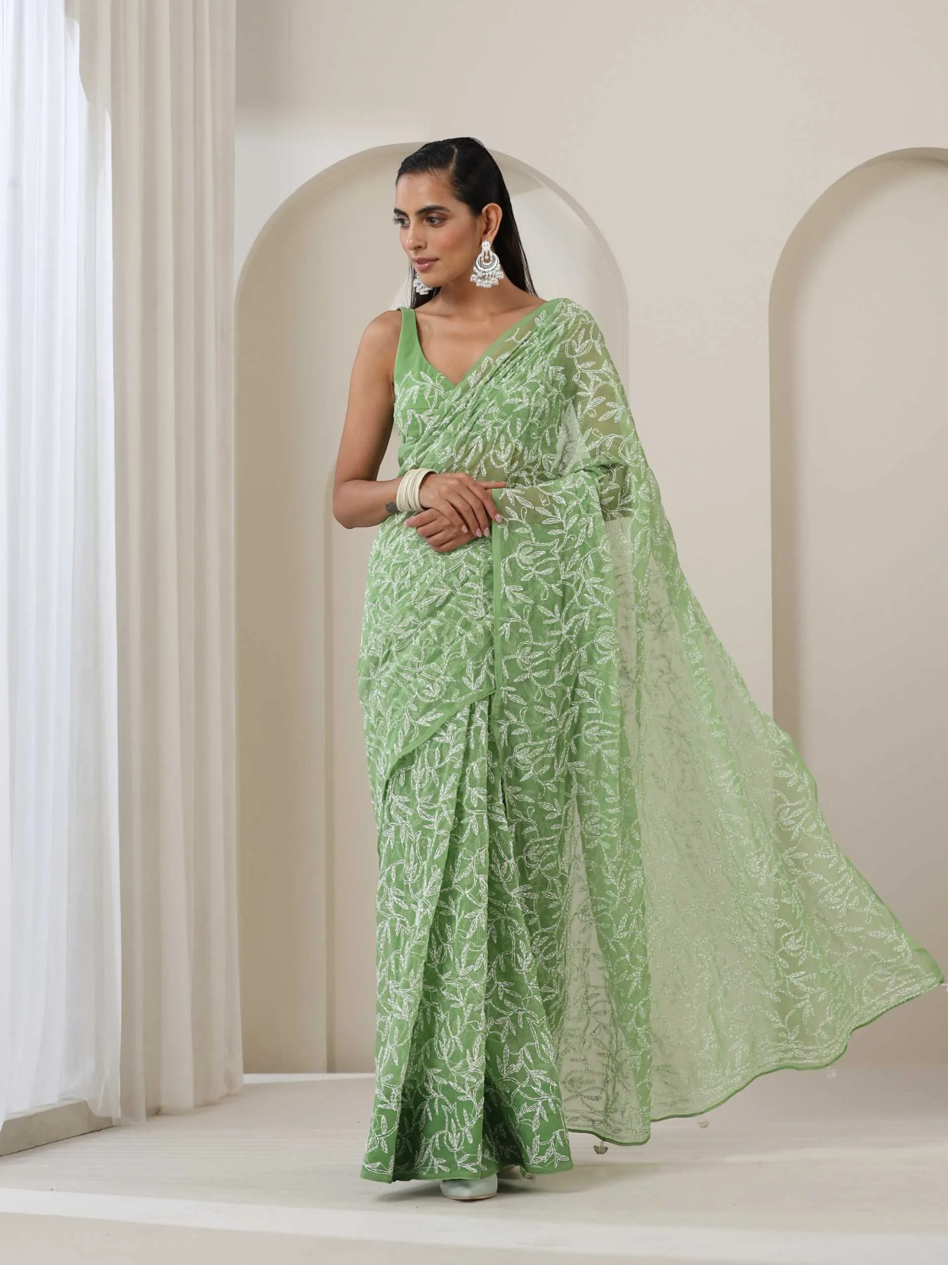 Green Hand Chikankari Tepchi Saree with Blouse Fabric