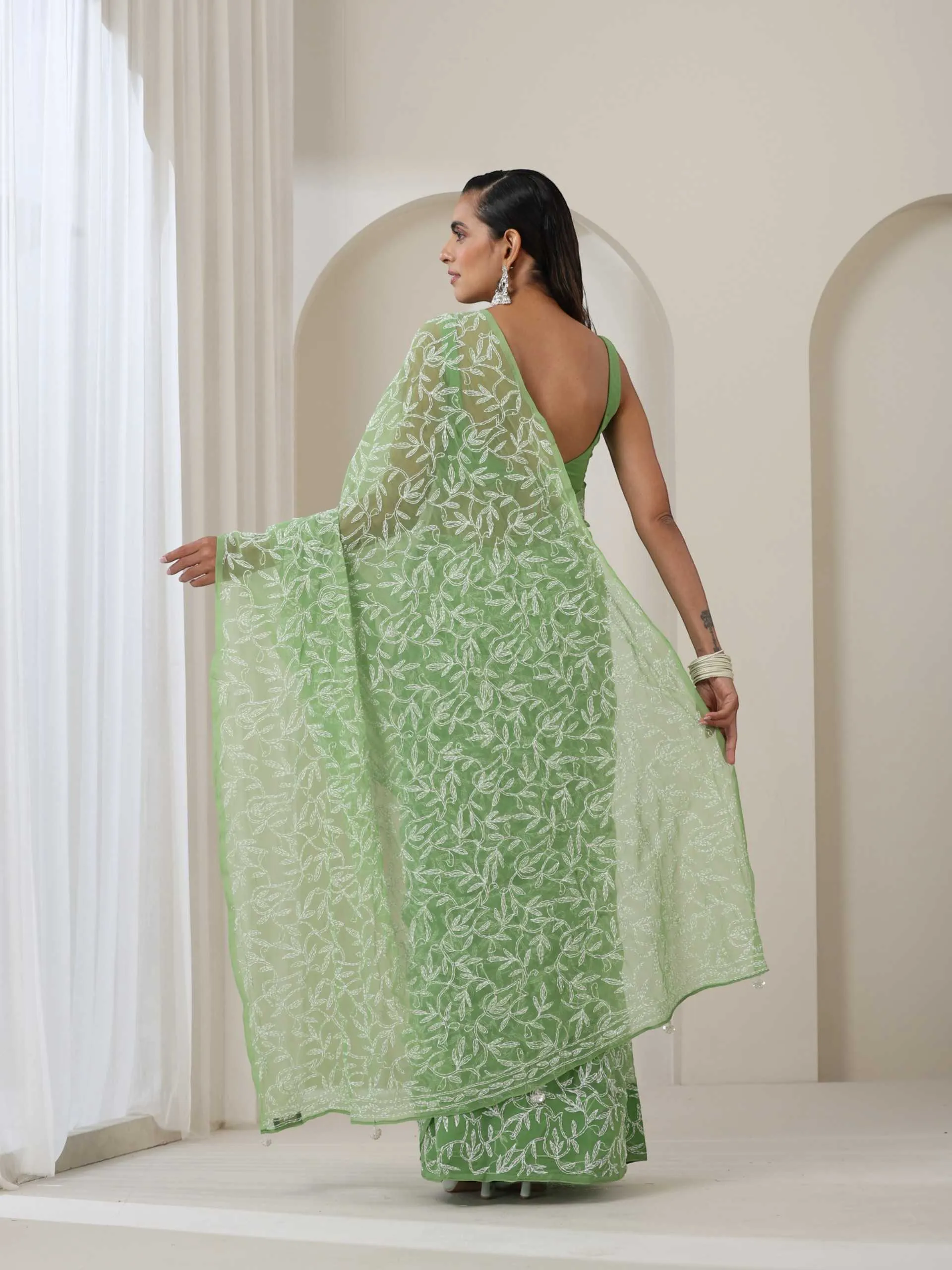 Green Hand Chikankari Tepchi Saree with Blouse Fabric