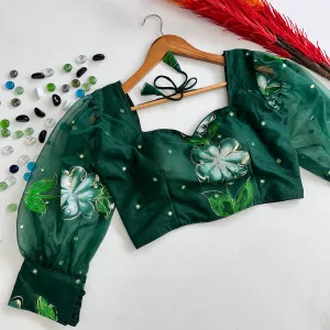 Green Hand-Painted Organza Silk Blouse with Embroidery Accents