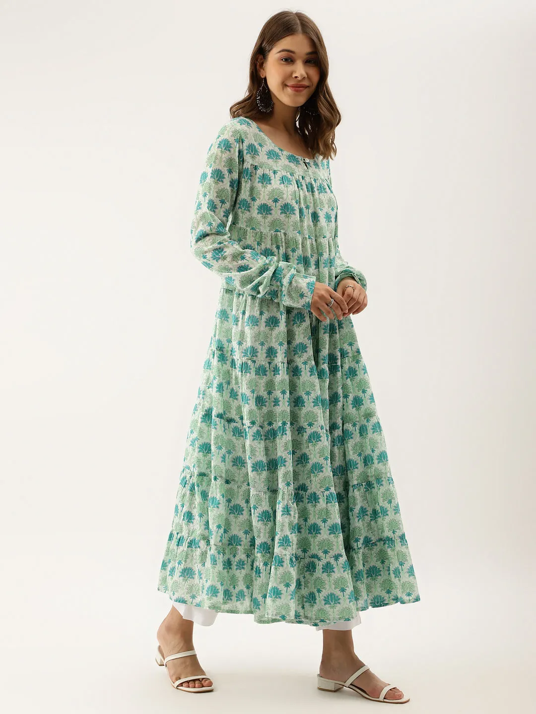 Green Handblock Floral Printed Cotton Kurta set with Dupatta