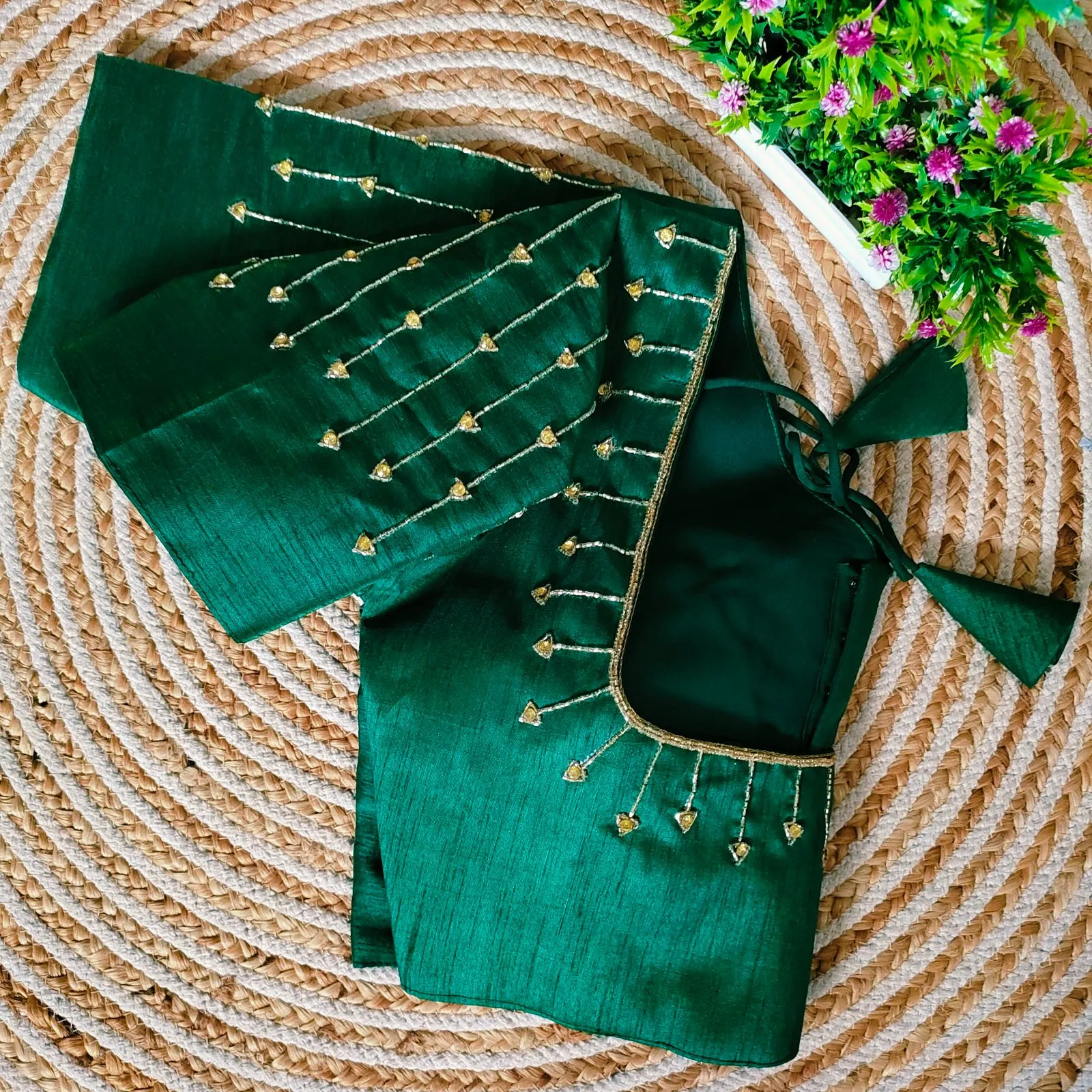 Green Handcrafted Golden Resham Silk Blouse with Stunning Sleeve and Back Detailing