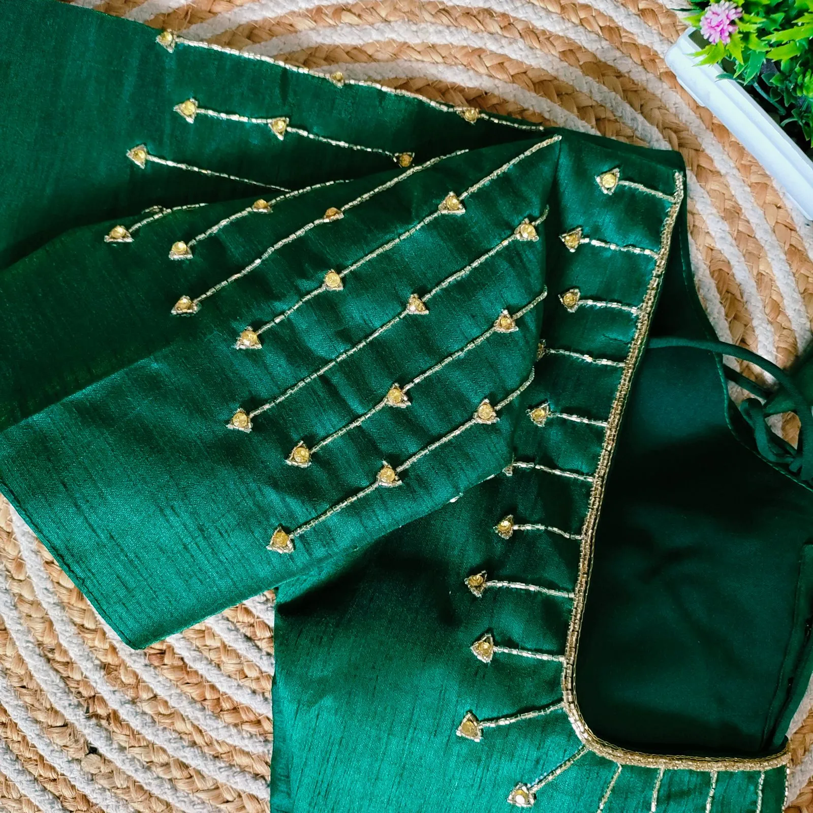 Green Handcrafted Golden Resham Silk Blouse with Stunning Sleeve and Back Detailing