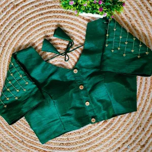 Green Handcrafted Golden Resham Silk Blouse with Stunning Sleeve and Back Detailing