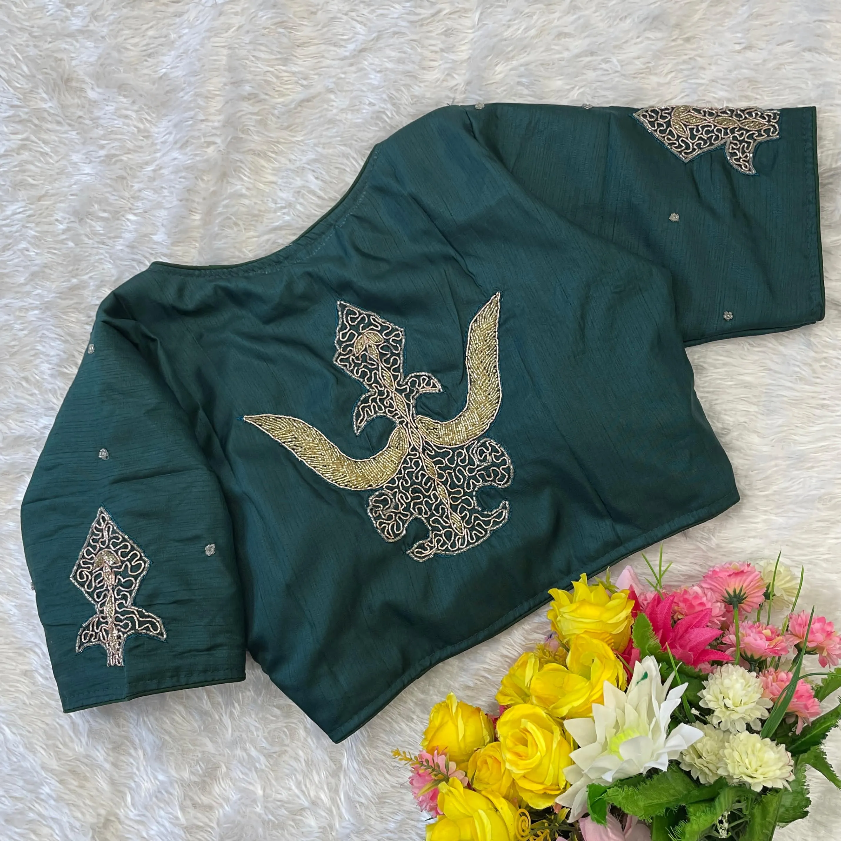 Green Handcrafted Muskan Silk Blouse with Designer Collar and Handwork