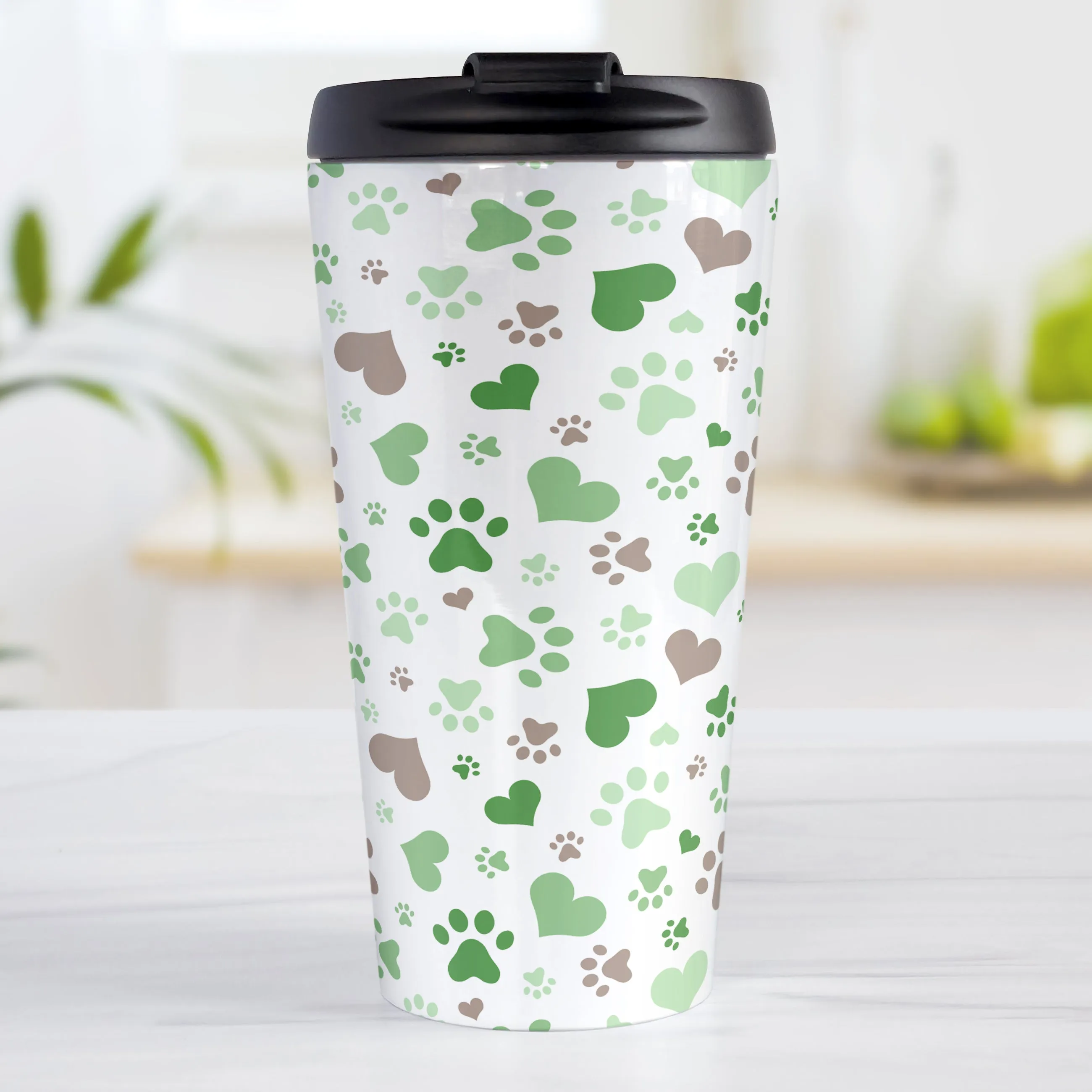 Green Hearts and Paw Prints Travel Mug