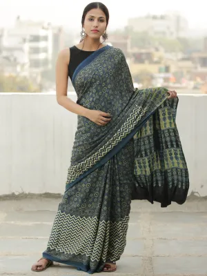 Green Indigo Ivory Ajrakh Hand Block Printed Modal Silk Saree in Natural Colors - S031704113