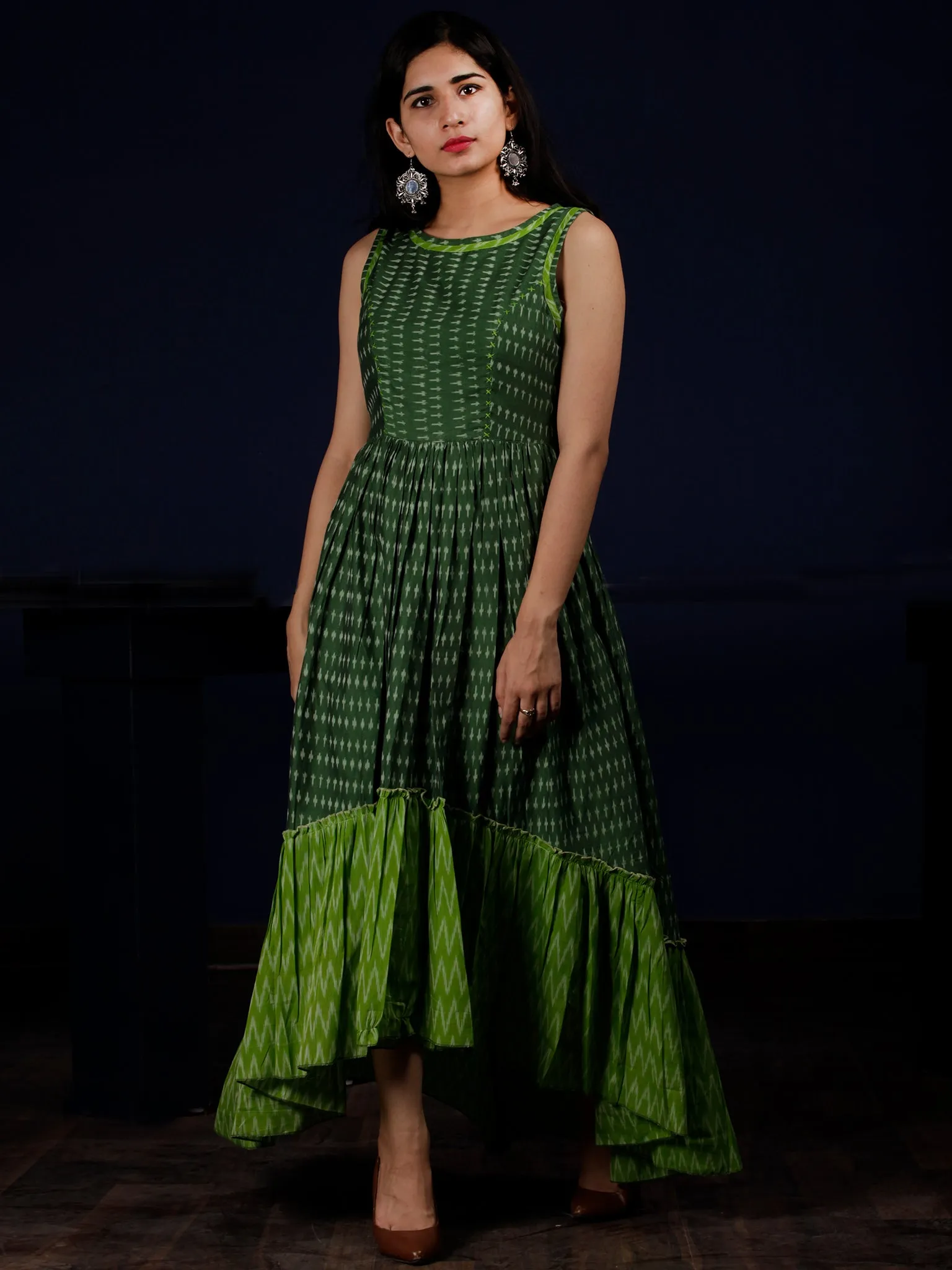 Green Ivory Handloom Mercerised Ikat Long Cotton Asymmetric Sleeveless Dress - D311F1281