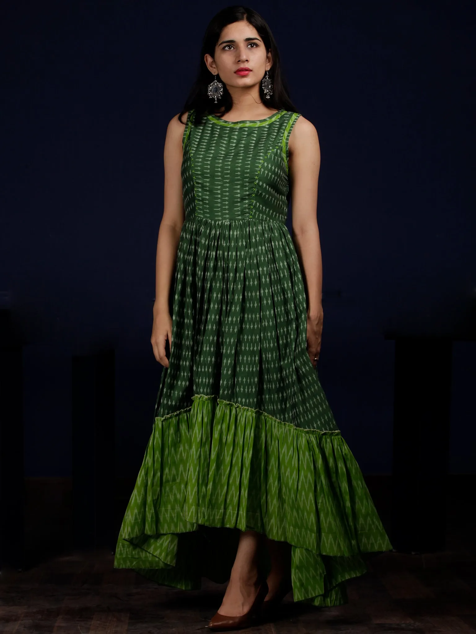 Green Ivory Handloom Mercerised Ikat Long Cotton Asymmetric Sleeveless Dress - D311F1281