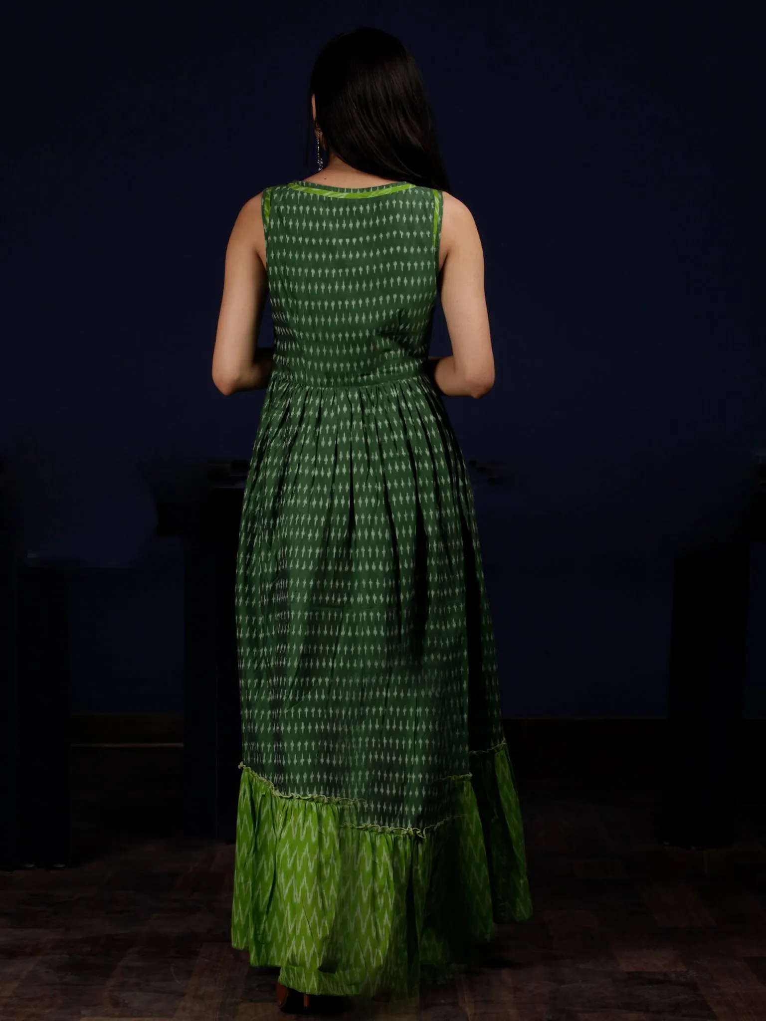 Green Ivory Handloom Mercerised Ikat Long Cotton Asymmetric Sleeveless Dress - D311F1281