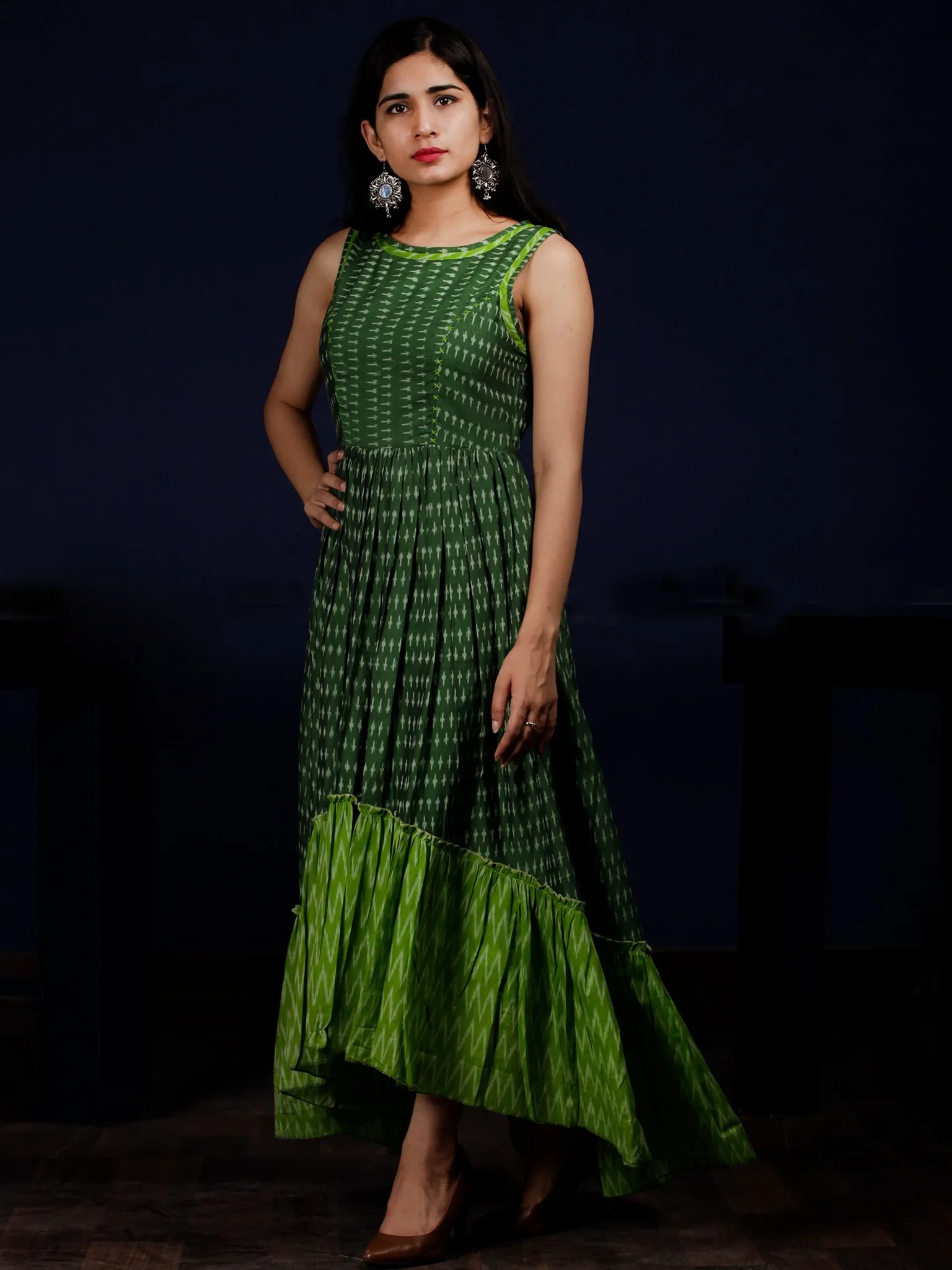 Green Ivory Handloom Mercerised Ikat Long Cotton Asymmetric Sleeveless Dress - D311F1281