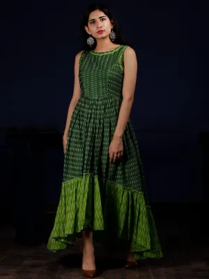 Green Ivory Handloom Mercerised Ikat Long Cotton Asymmetric Sleeveless Dress - D311F1281