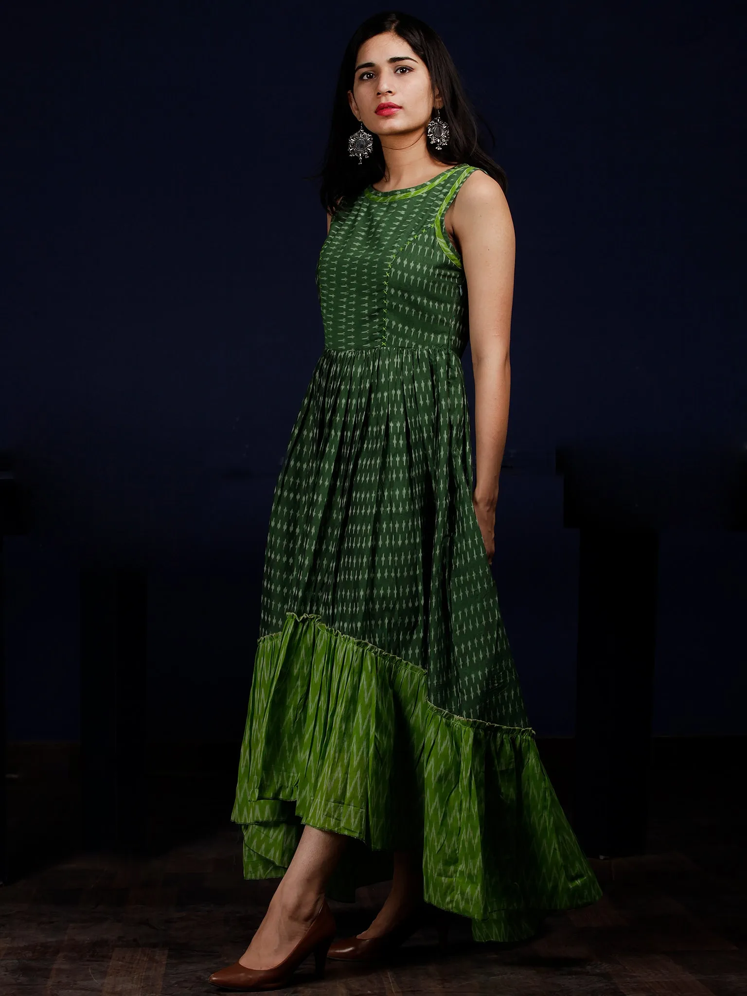 Green Ivory Handloom Mercerised Ikat Long Cotton Asymmetric Sleeveless Dress - D311F1281