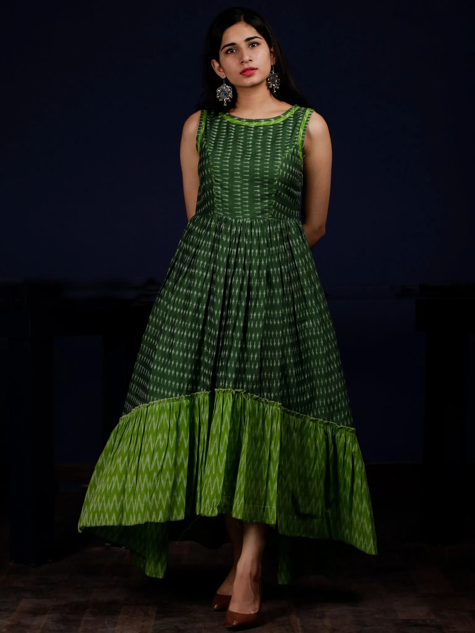 Green Ivory Handloom Mercerised Ikat Long Cotton Asymmetric Sleeveless Dress - D311F1281