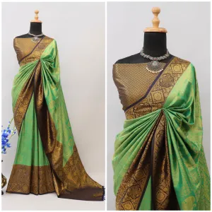 Green Kuber Soft Silk Saree with Exquisite Golden Jari Work & Matching Blouse