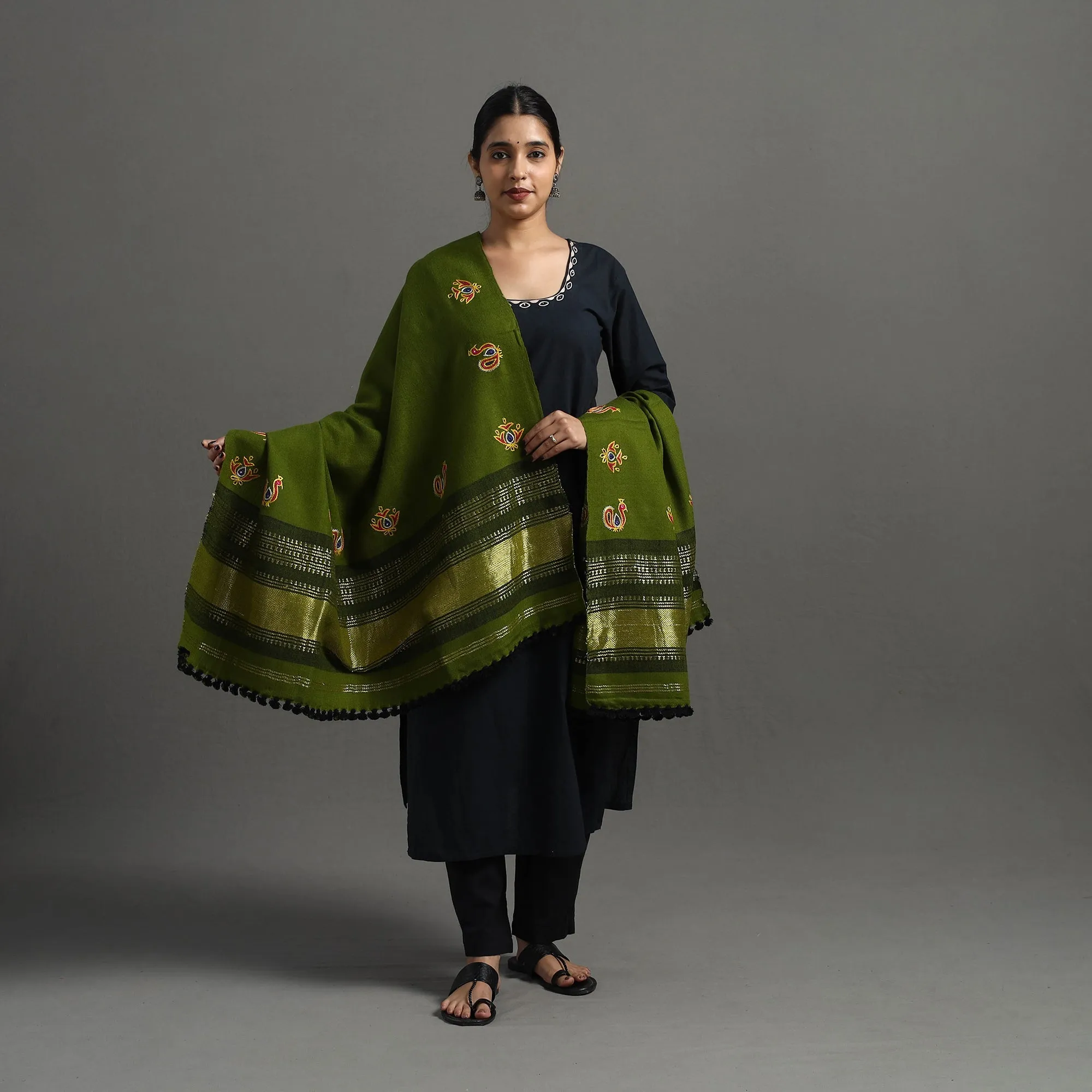 Green - Kutch Ahir Hand Embroidery Woollen Shawl 35