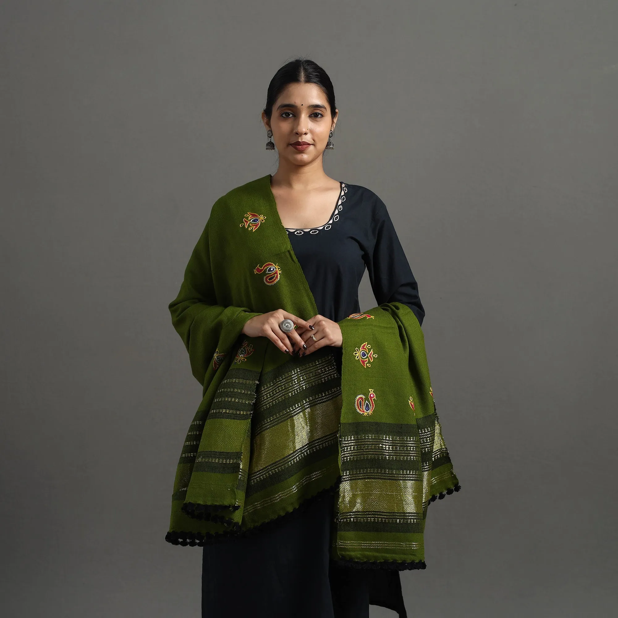 Green - Kutch Ahir Hand Embroidery Woollen Shawl 35