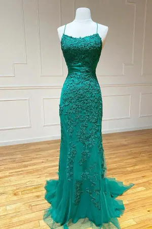 Green Lace Mermaid Backless Spaghetti Straps Prom Dresses, Evening Gown,maxi dresses