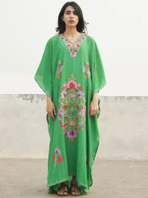 Green Lavender Pink Aari Embroidered Long Kashmere Free Size Kaftan in Crushed Cotton - K11K022