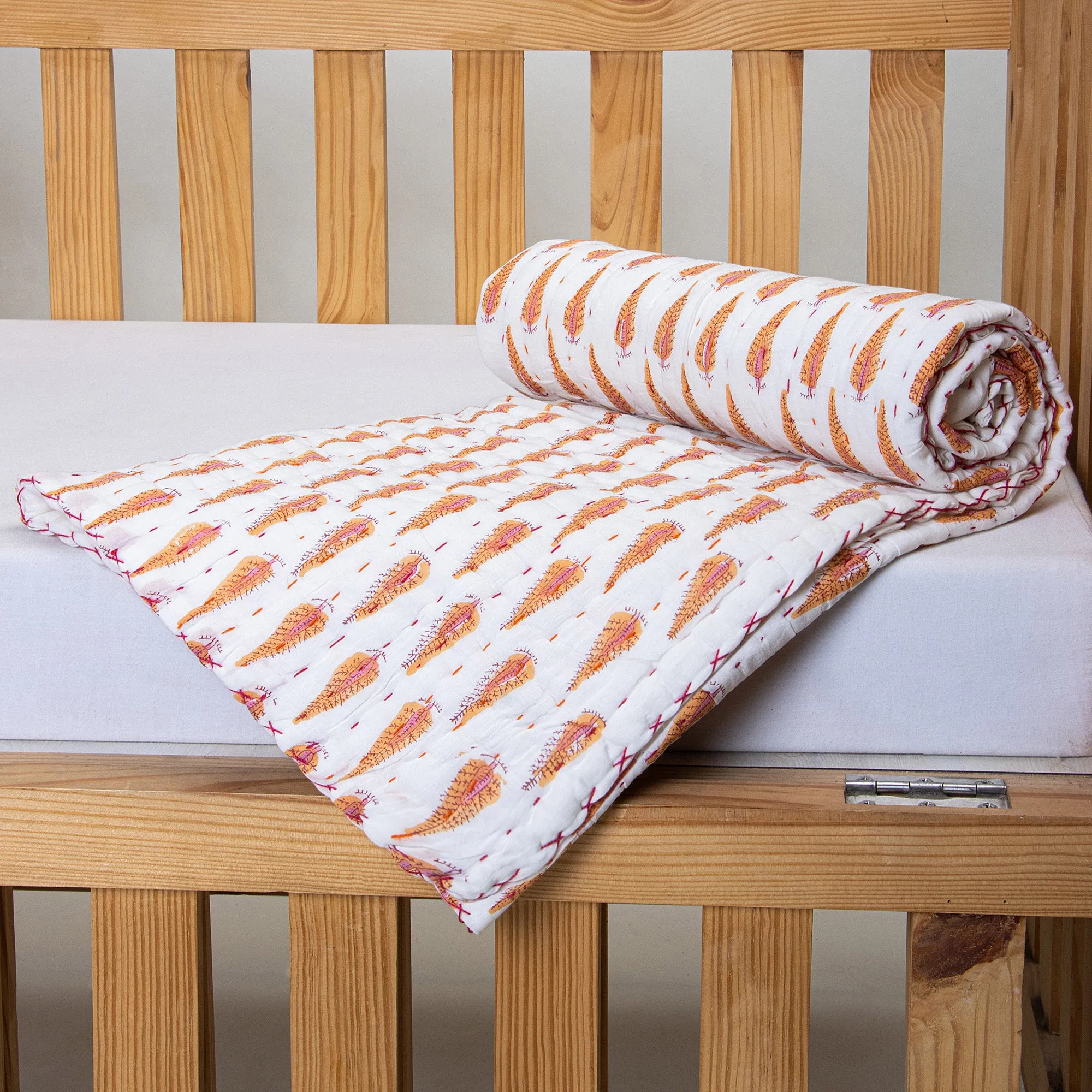 Green Leaf Block Printed Soft Cotton Newborn Baby AC Quilt