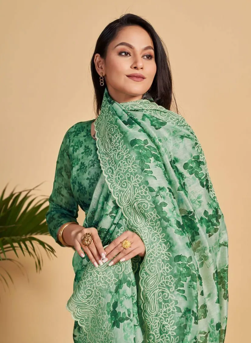 Green Leaf Soft Linen Cotton Chikankari Embroidery Saree