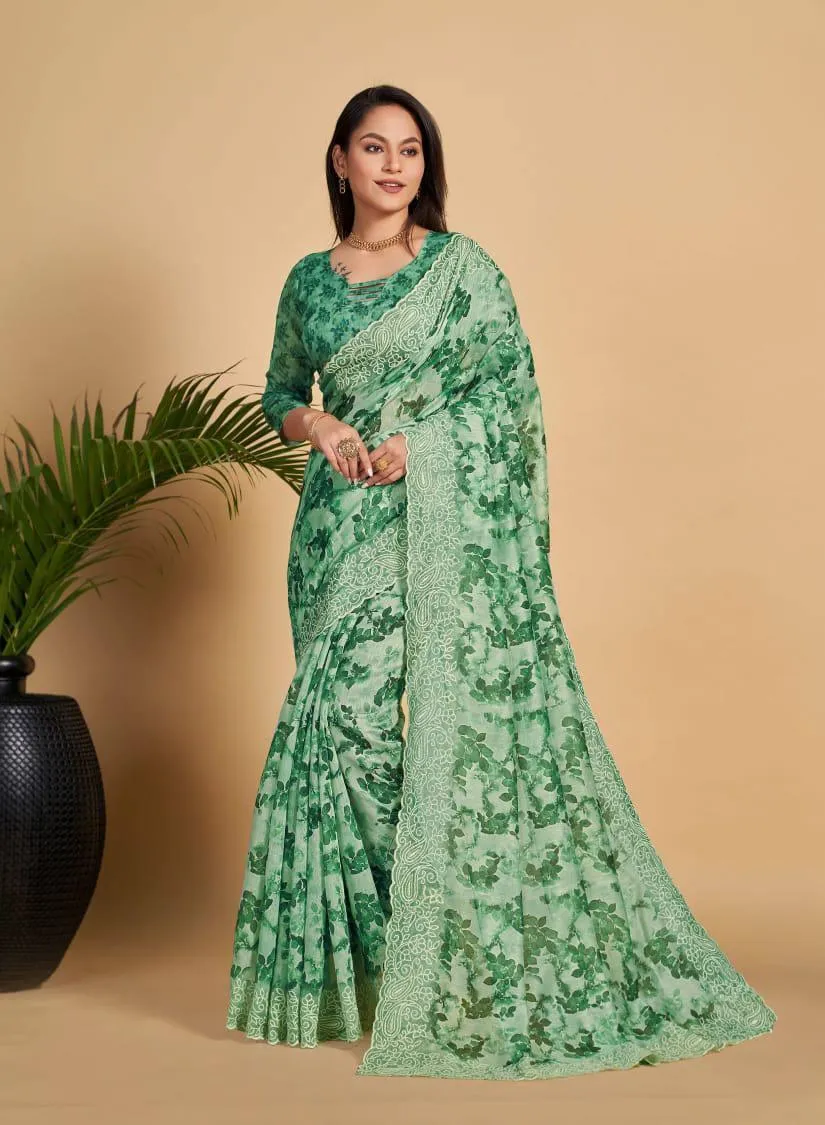 Green Leaf Soft Linen Cotton Chikankari Embroidery Saree