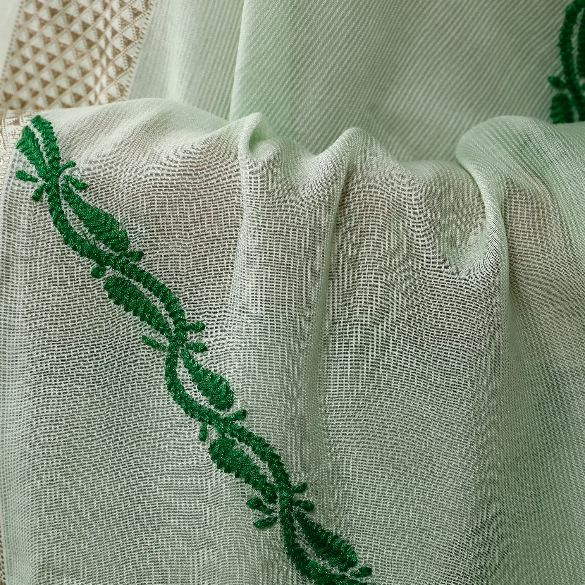 Green - Lucknow Chikankari Hand Embroidery Maheshwari Silk Handloom Dupatta