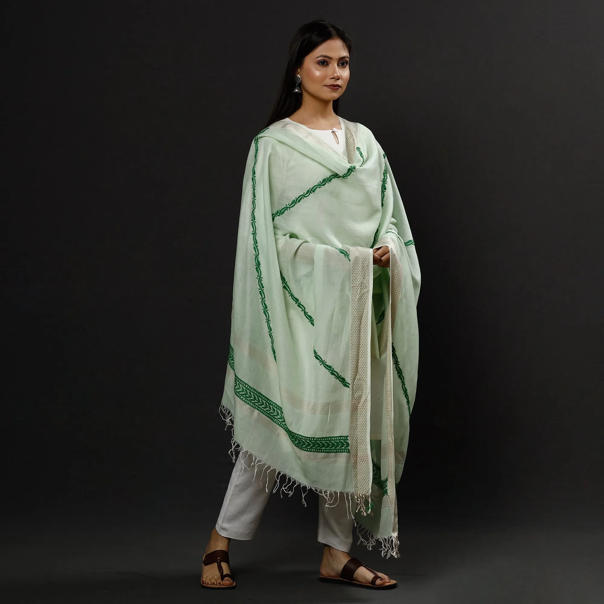 Green - Lucknow Chikankari Hand Embroidery Maheshwari Silk Handloom Dupatta