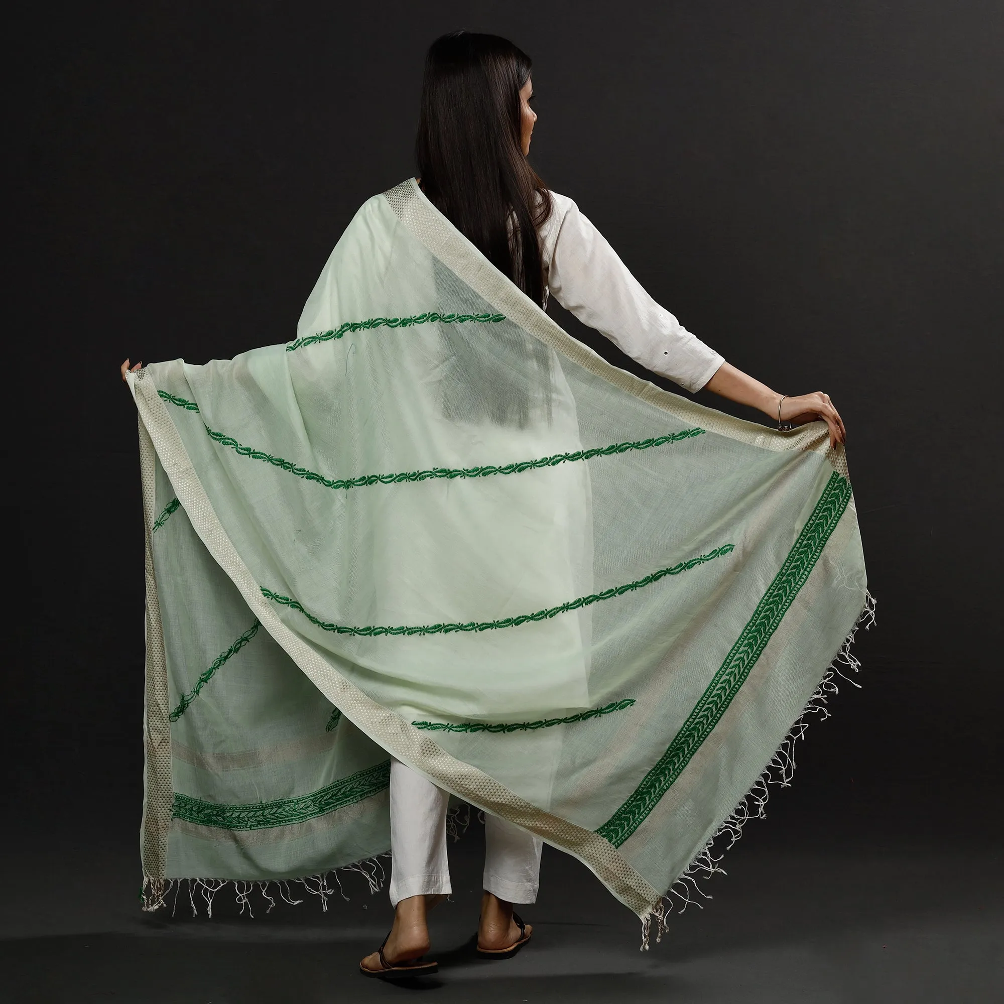 Green - Lucknow Chikankari Hand Embroidery Maheshwari Silk Handloom Dupatta