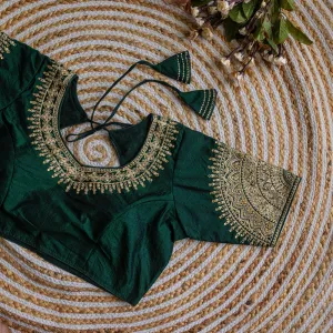 Green Luxurious Lucknowi Silk Blouse with Golden Embroidery and Sequins