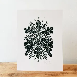 Green Man Linocut Art Print - Green on White