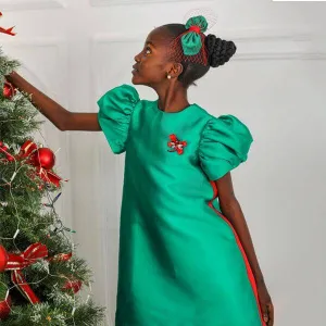 GREEN MIKADO DRESS WITH HAIR BOW