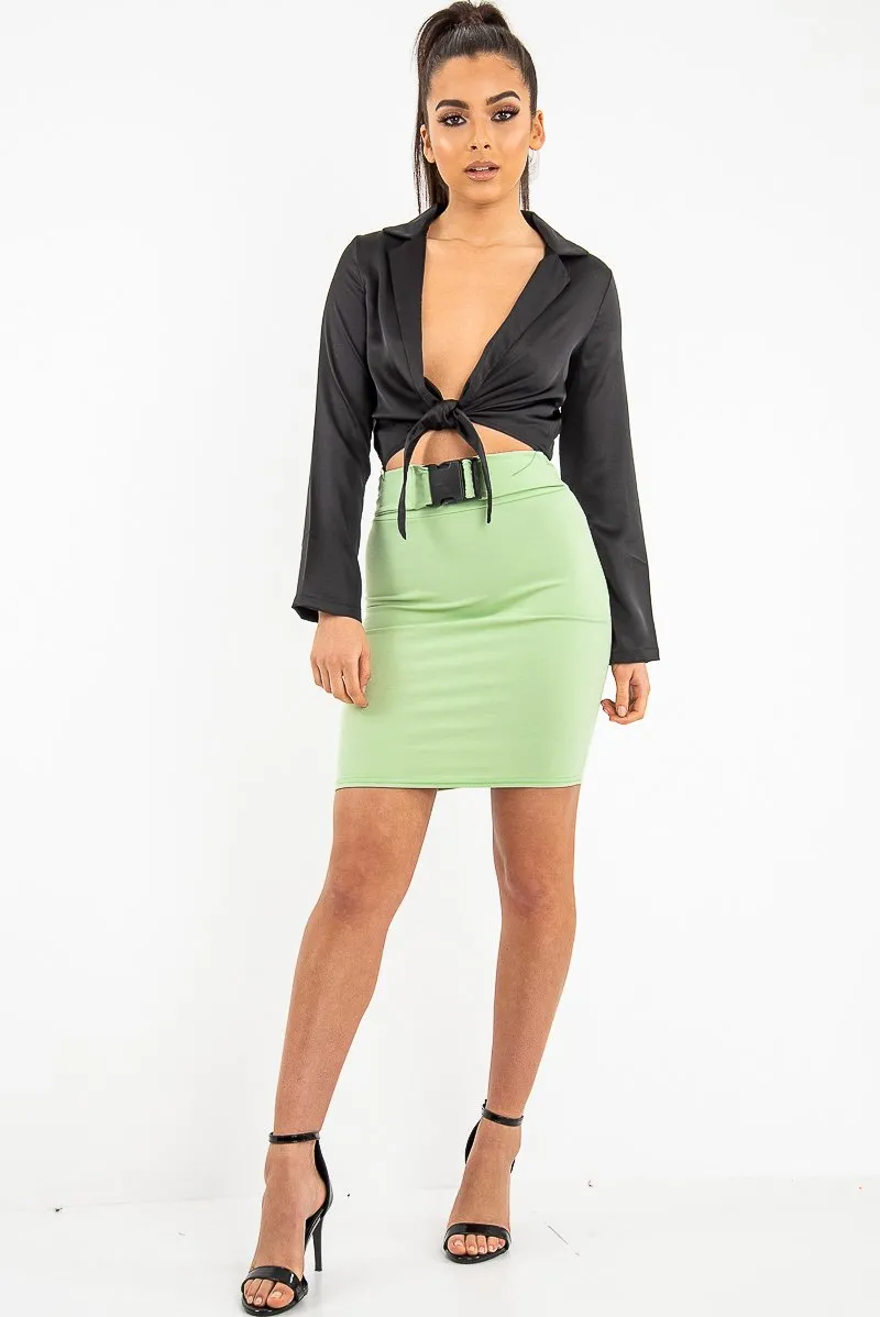 Green Mint Faux Suede Buckle Front Mini Skirt - Leya