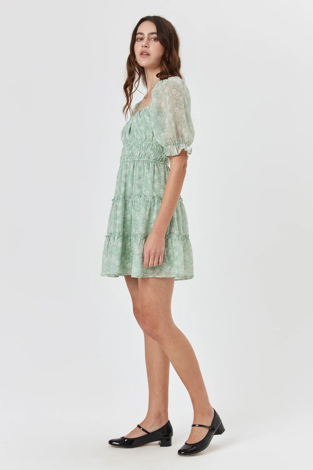 Green Mint Ruched Waist Tier Dress