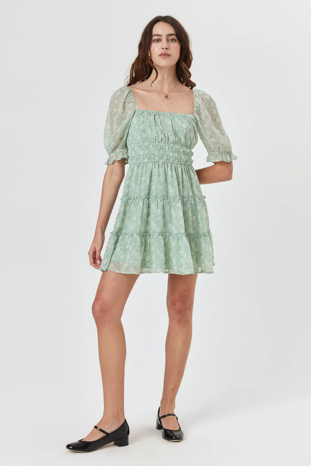 Green Mint Ruched Waist Tier Dress