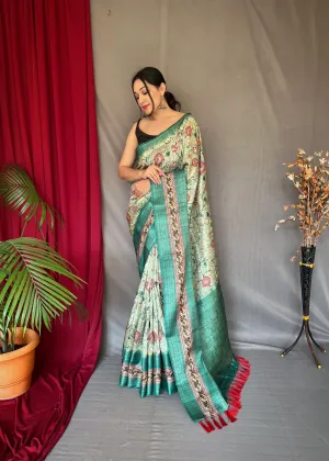 Green Mist Saree in Banarasi Silk Contrast Woven with Kalamkari Prints