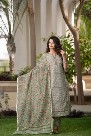 Green Monochrome Handblock cotton set with Border Detail & Chanderi Silk Dupatta