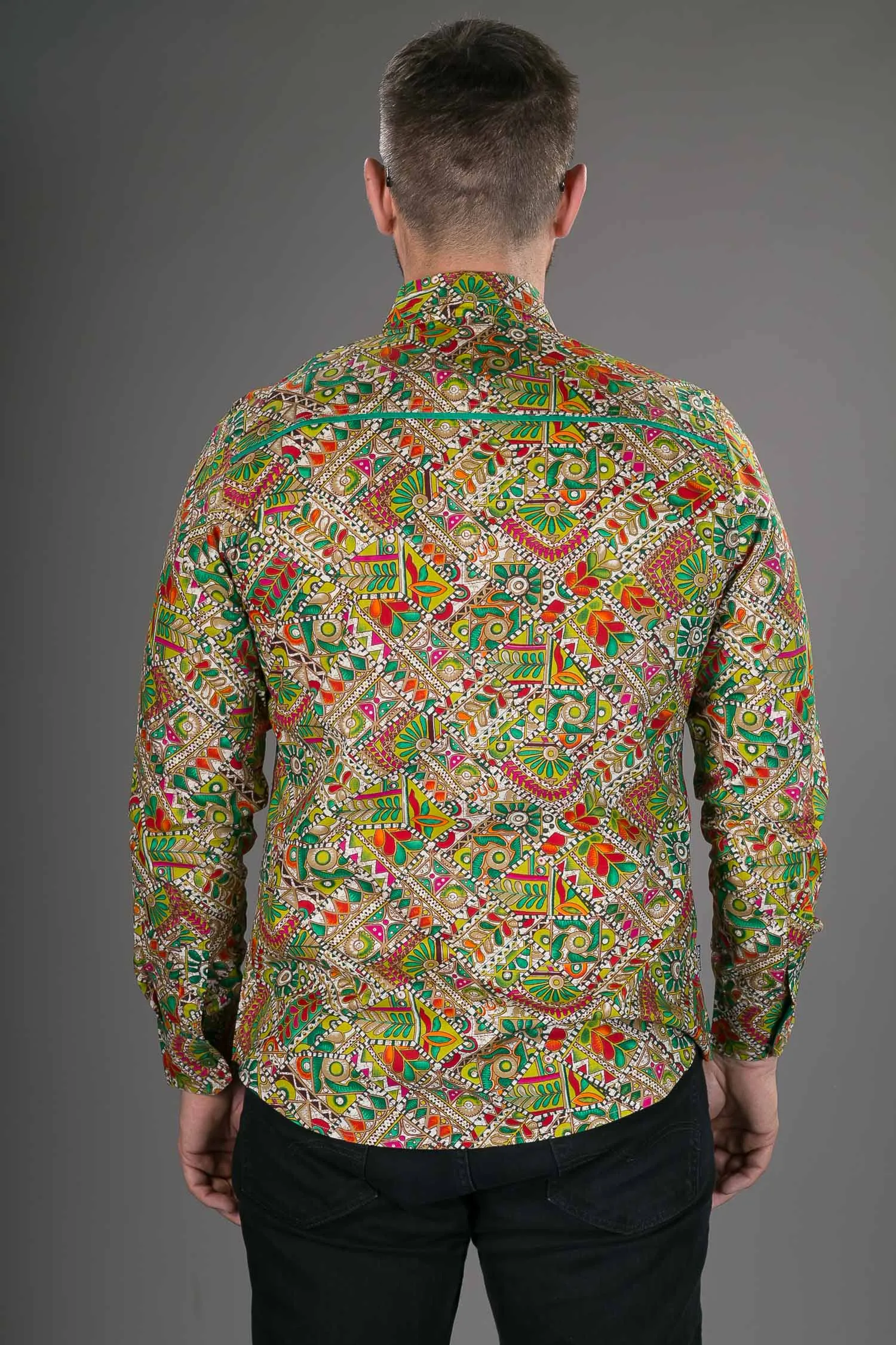 Green Multi Colour Print Cotton Slim Fit Mens Shirt Long Sleeve