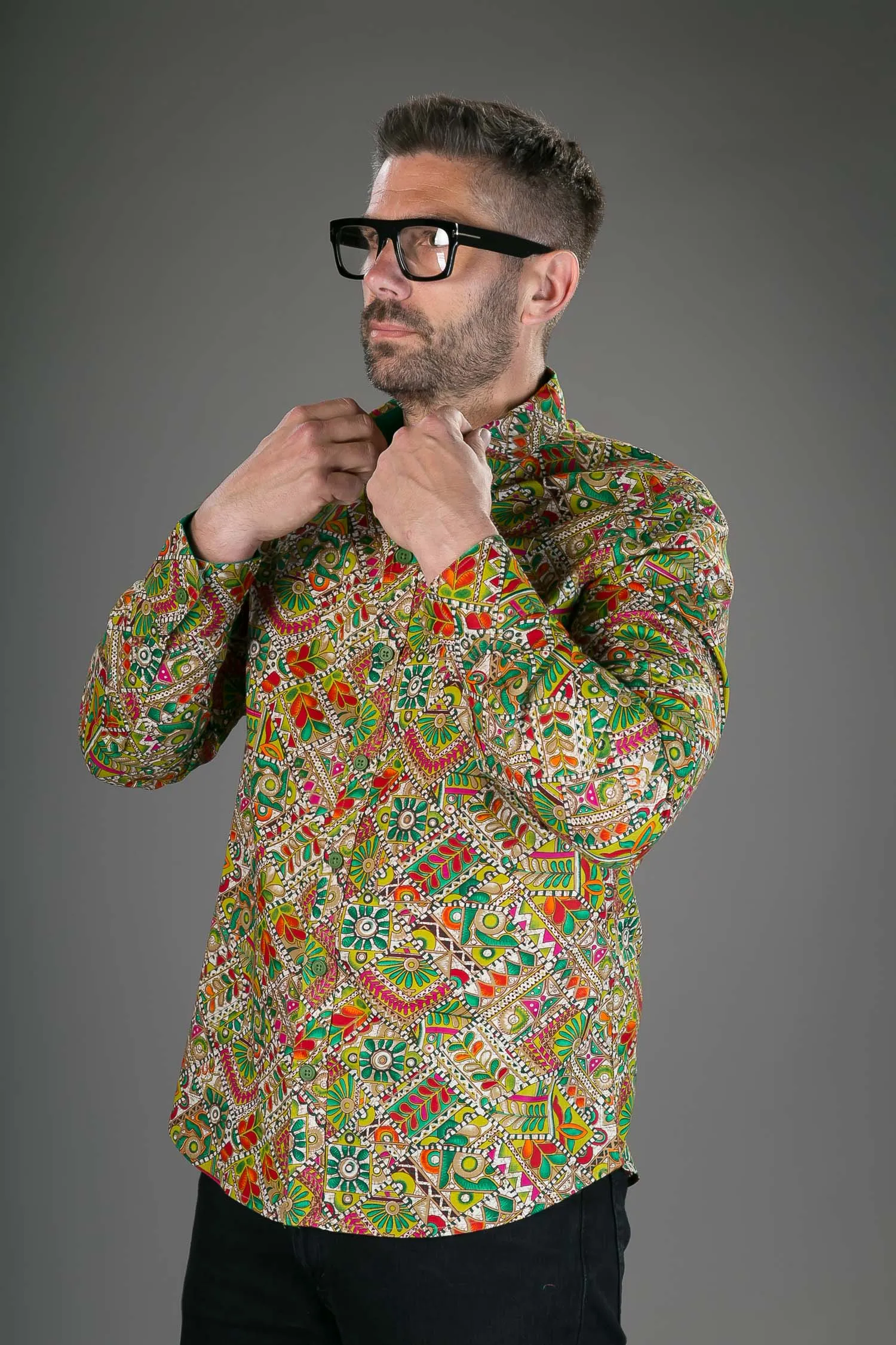 Green Multi Colour Print Cotton Slim Fit Mens Shirt Long Sleeve