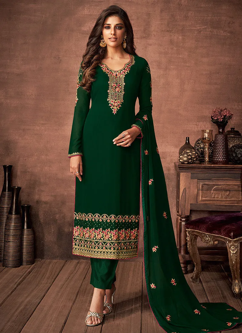 Green Multi Embroidered Pant Style Suit