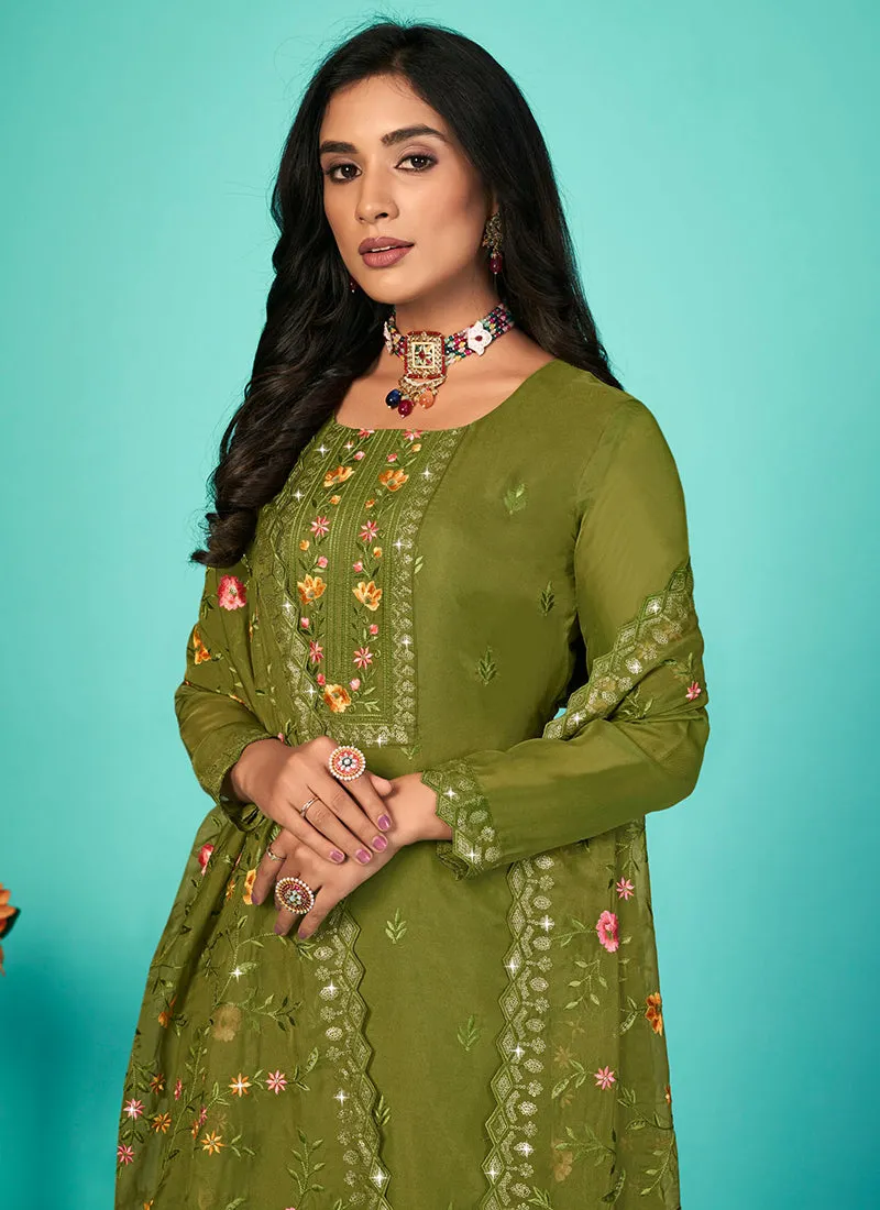 Green Multi Floral Embroidery Traditional Pant Style Suit