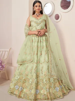 Green Net Embroidered Semi stitched Lehenga With Unstitched blouse