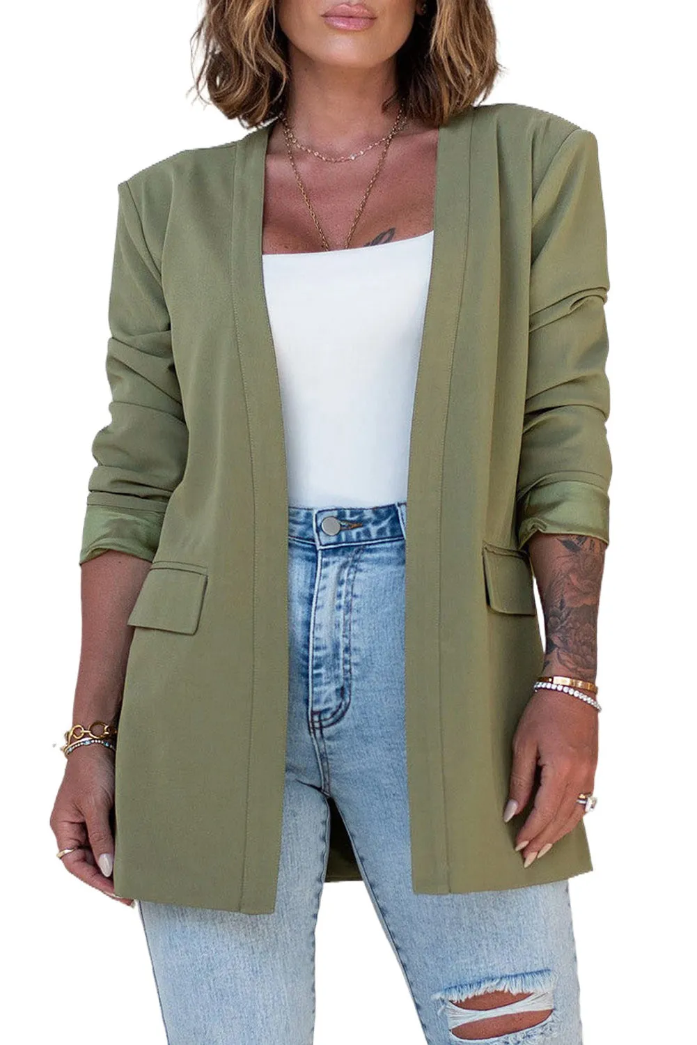 Green Open Front Flap Detail Blazer