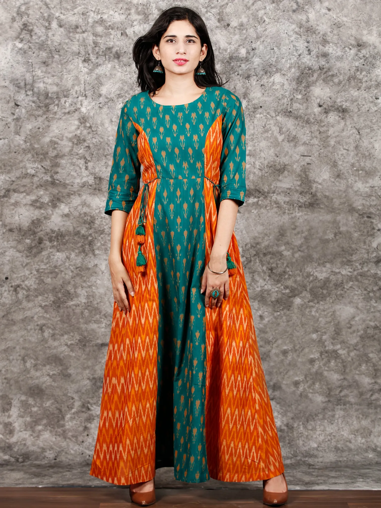 Green Orange Yellow Hand Woven Cotton Mercerized Ikat Princess Cut Cotton Long Dress - D308F1572