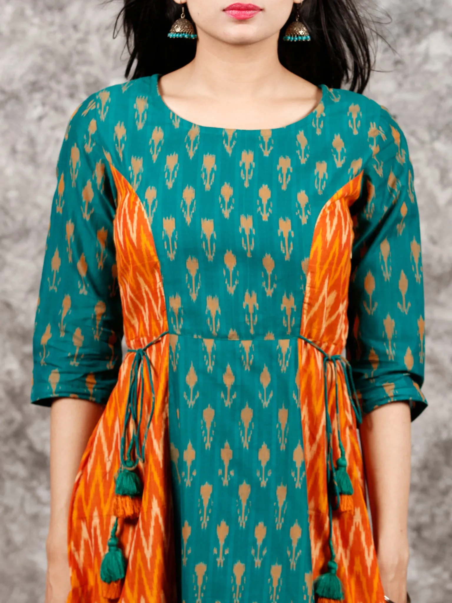 Green Orange Yellow Hand Woven Cotton Mercerized Ikat Princess Cut Cotton Long Dress - D308F1572